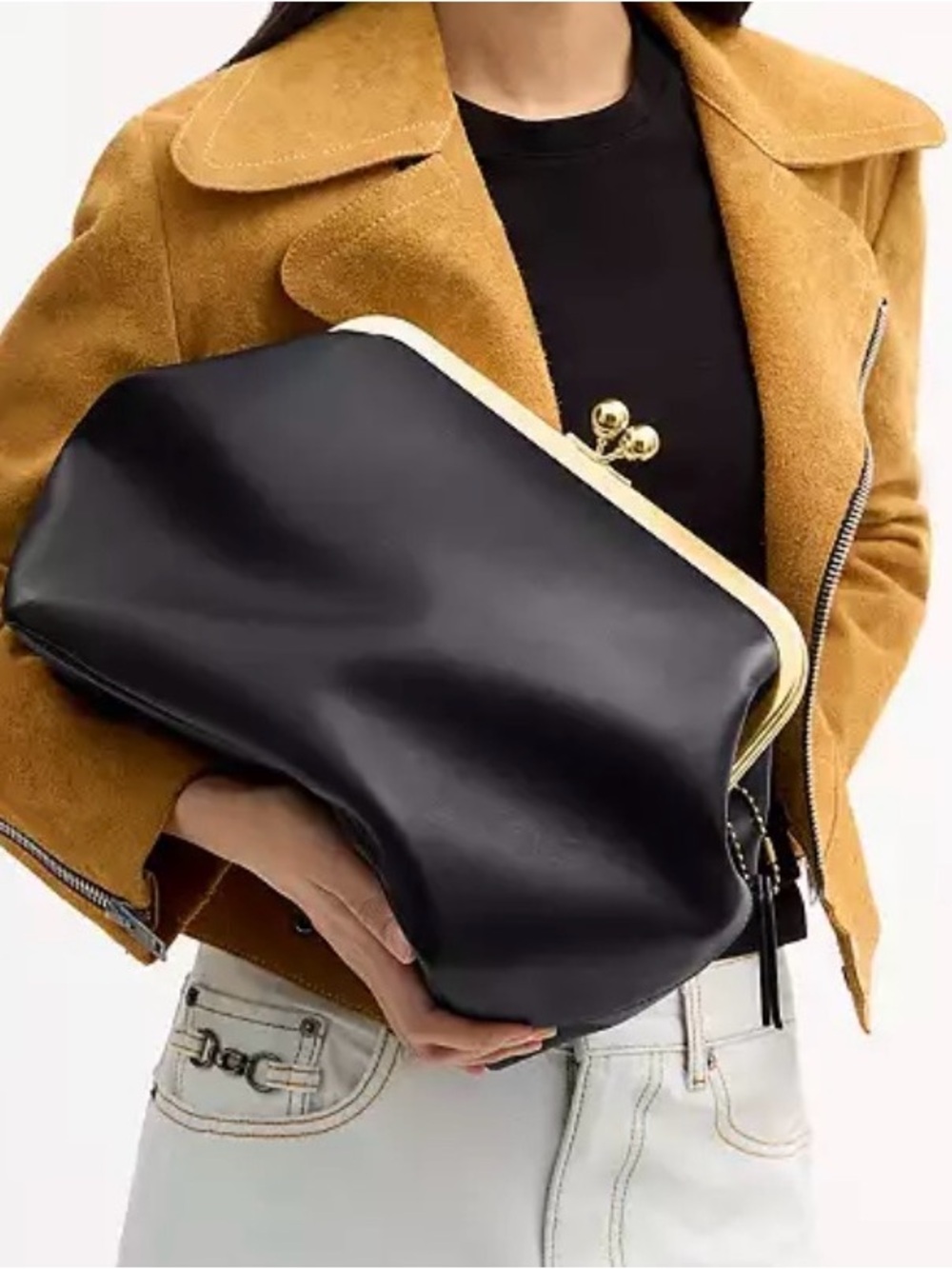 Coach Kisslock Black Leather Frame-Top Shoulder Bag - Picture 3 of 5